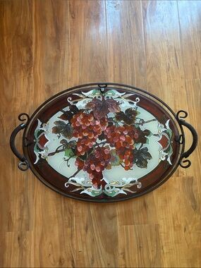 Joan Baker Stained Glass Serving Tray w/Metal Frame. 21” x 15”